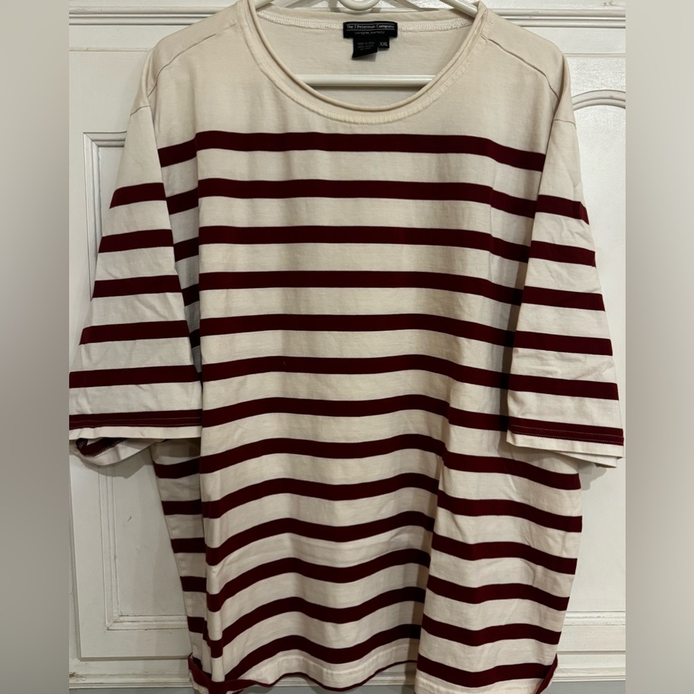 J. Peterman Cream and Burgundy Striped Top